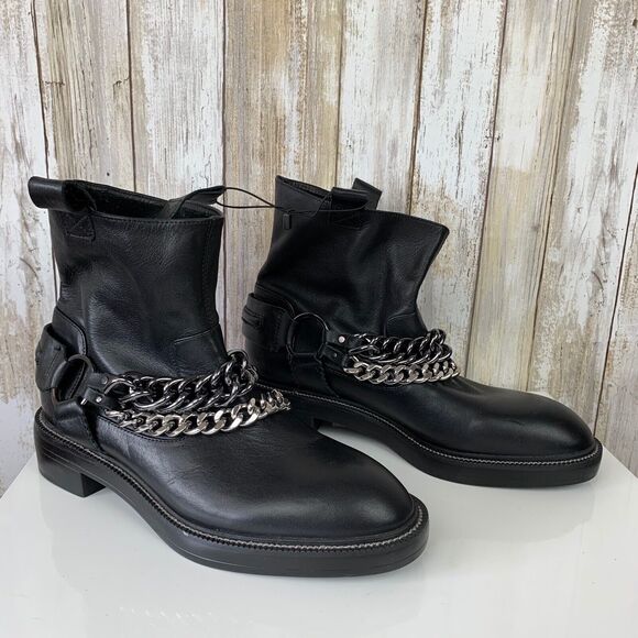 ZARA Womens Black Leather Ankle Combat Boots With Chains Size 36 6 NWT - Picture 1 of 6